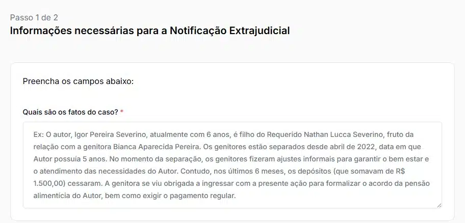 Tela para narrar fatos sobre o caso para gerar o modelo de notificação extrajudicial 