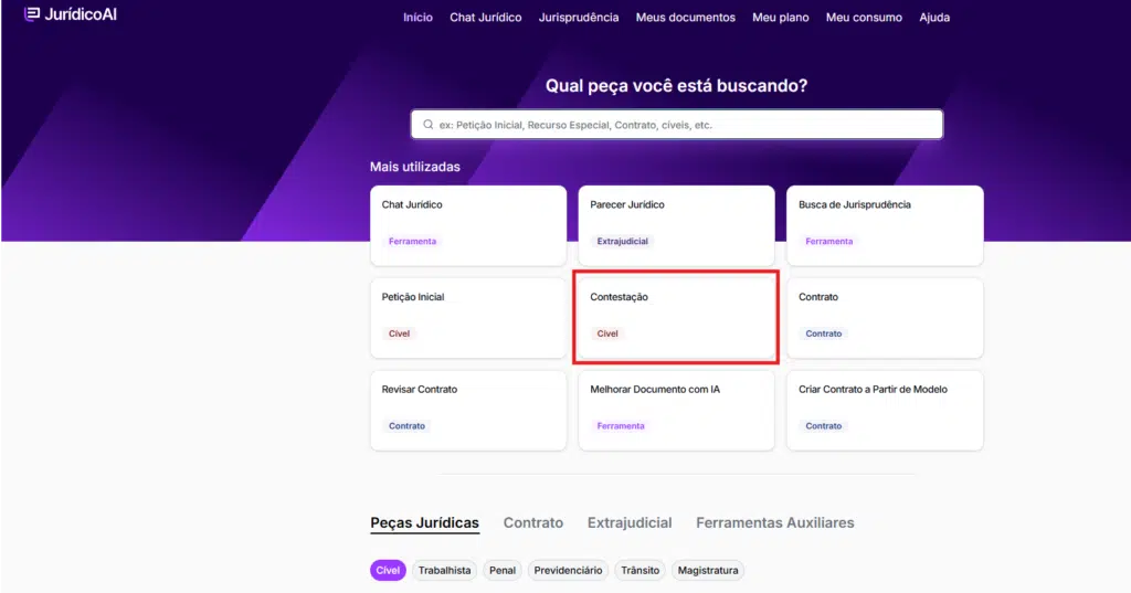 Escolha a opção  “Contestação” no menu principal.